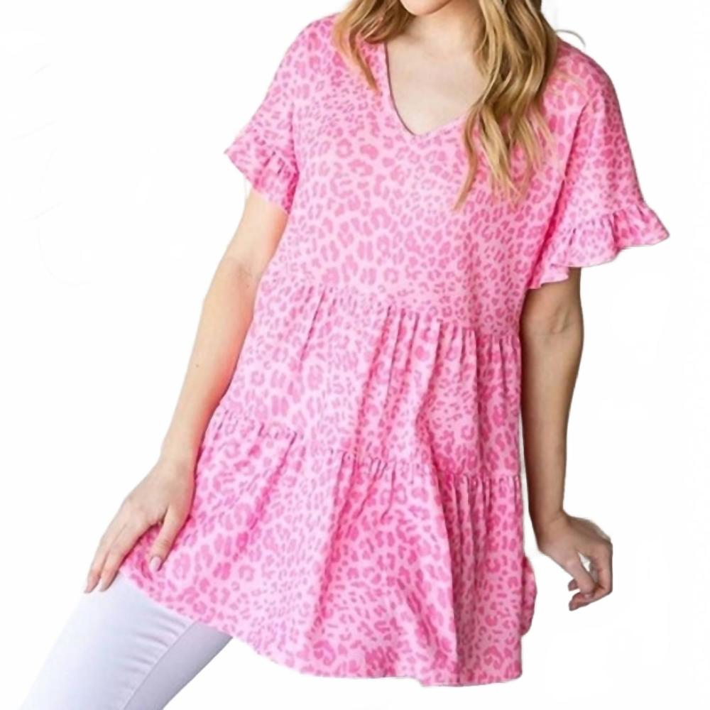 NEW HEIMISH USA leopard tiered short sleeve top in pink - Picture 4 of 6